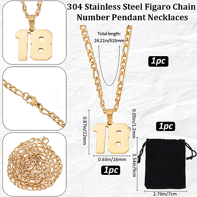 1Pc 304 Stainless Steel Figaro Chain Number Pendant Necklaces NJEW-BBC0001-28B-G-1