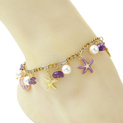 3Pcs 3 Styles Ocean Alloy Enamel Starfish Shell Charm 304 Stainless Steel Figaro Chain Anklets with Natural Amethyst & Rose Quartz & Synthetic Turquoise Chip Beads AJEW-AN00883-1