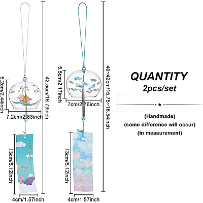 2Pcs 2 Styles Round with Boat & Bird Pattern Glass Wind Chime HJEW-BC0001-10-1