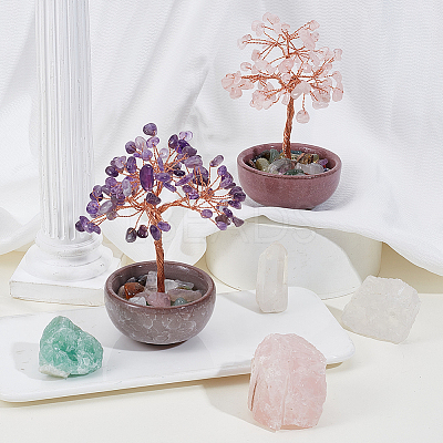 2Pcs 2 Styles Natural Amethyst & Rose Quartz Chips Tree of Life Decorations AJEW-OC0014-06B-1