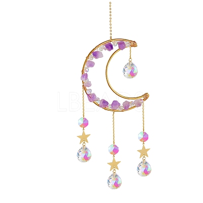 Natural Amethyst Chips Moon & Glass Teardrop Suncatchers PW-WG75240-03-1