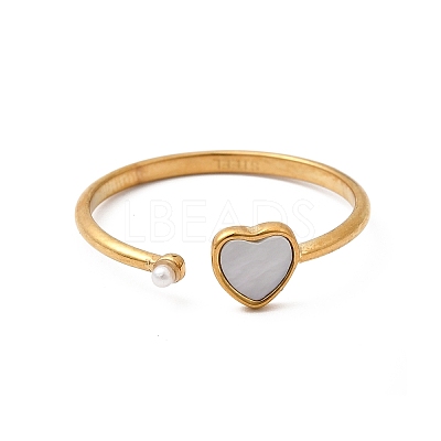 304 Stainless Steel & Natural Shell & Imitation Pearl Cuff Rings for Women RJEW-G372-01G-01-1