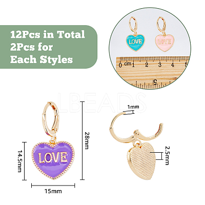 12Pcs 6 Colors Heart with Word Love Enamel Dangle Leverback Earrings EJEW-DC0001-26-1