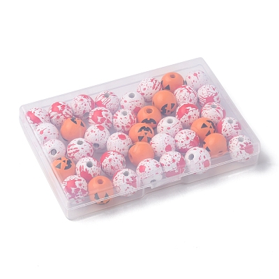 40Pcs 4 Colors Halloween Theme Printed Natural Wooden Beads WOOD-FS0001-03-1