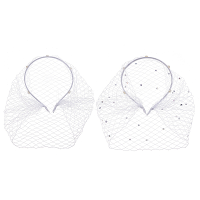 2Pcs 2 Styles Bridal Rhinestones Pearl Mesh Veil Cloth Hair Bands MRMJ-FG0001-16A-1