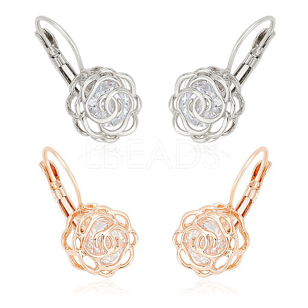 ANATTASOUL 2 Pairs 2 Colors Clear Cubic Zirconia Rose Flower Leverback Earrings EJEW-AN0002-85-1