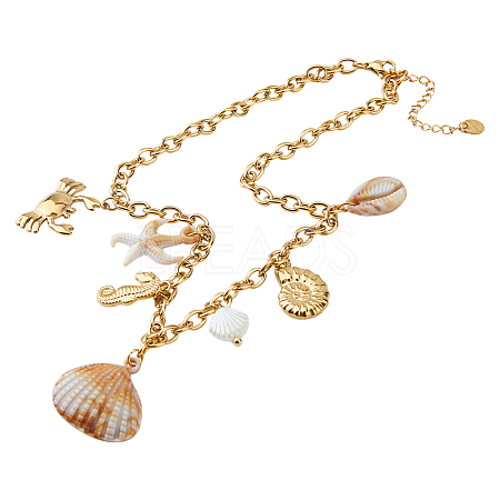 1Pc 304 Stainless Steel & Natural Cowrie Shell Pendant Bib Necklaces for Women NJEW-HS0001-25-1