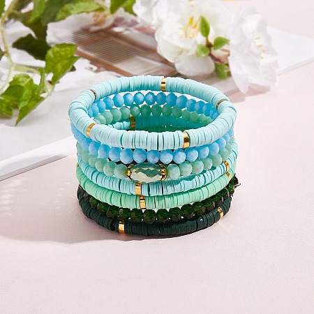 7Pcs 7 Style Handmade Polymer Clay Heishi Surfer Stretch Bracelets Set BJEW-SW00073-07-1