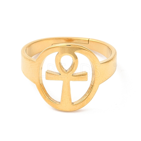 Ion Plating(IP) 304 Stainless Steel Hollow Ankh Corss Adjustable Ring for Women RJEW-K245-39G-1