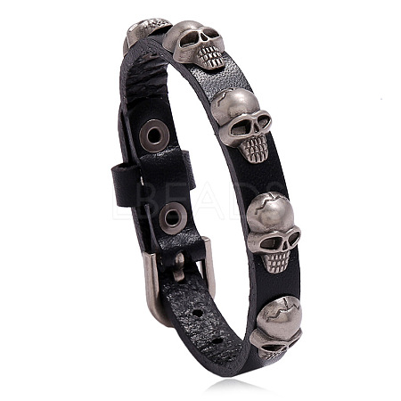 Alloy Skull Rivet Studded Cowhide Cord Bracelet SKUL-PW0004-33A-1