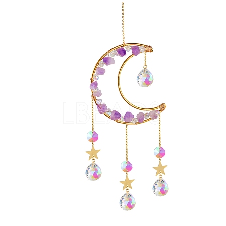 Natural Amethyst Chips Moon & Glass Teardrop Suncatchers PW-WG75240-03-1