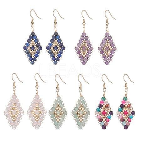 Natural Mixed Gemstone Beaded Rhombus Dangle Earrings EJEW-JE05264-1