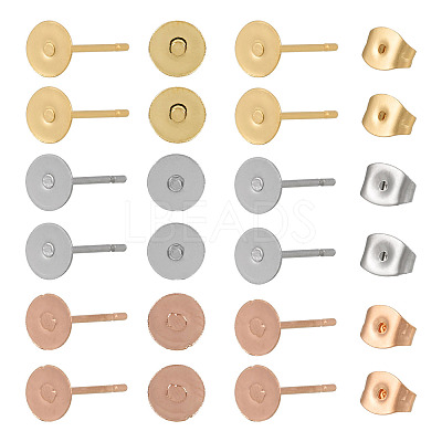 60Pcs 3 Color Flat Round 304 Stainless Steel Stud Earring Findings STAS-TA0002-47-1
