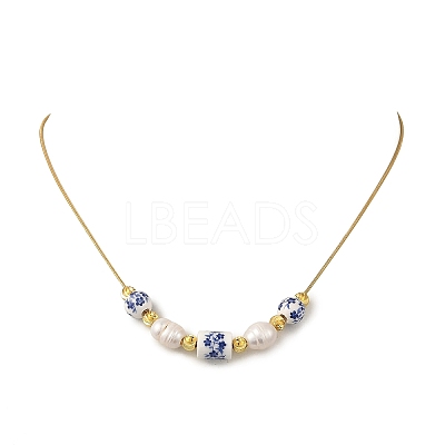Natural Pearl Rice & Handmade Chinoiserie Floral Printed Porcelain Beaded Necklaces with Brass Round Snake Chains for Women NJEW-JN06400-1