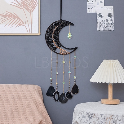 Copper Wire Wrapped Natural Obsidian Moon Hanging Ornaments PW-WG39344-01-1