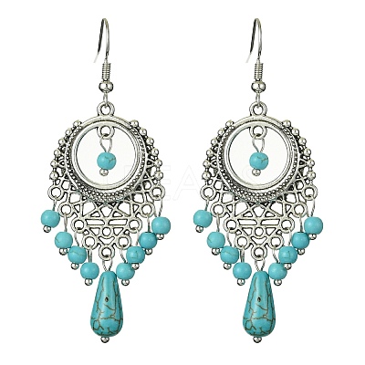 Synthetic Turquoise Beaded Long Drop Earrings EJEW-JE05389-02-1