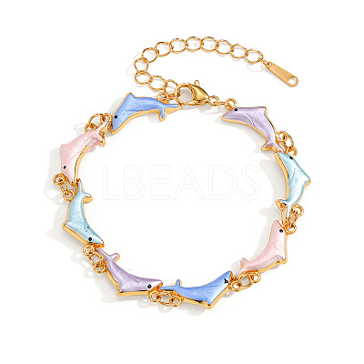 304 Stainless Steel Enamel Colorful Dolphin Link Chain Bracelets for Women WG28F33-01-1