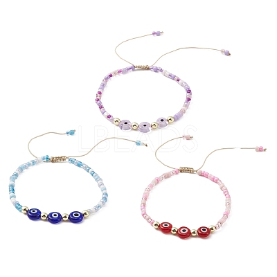 3Pcs 3 Color Evil Eye Lampwork & Glass Seed Braided Bead Bracelets Set BJEW-JB09574-1