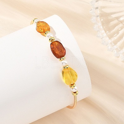 Oval Natural Amber and Pearl Cuff Bangles BJEW-JB14490-1