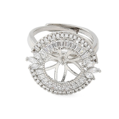 Flat Round Brass Micro Pave Cubic Zirconia Adjustable Ring Settings KK-K297-06P-1
