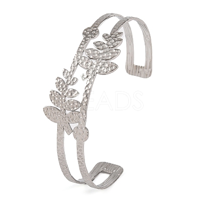 Non-Tarnish 304 Stainless Steel Hollow Leaf Open Cuff Bangles for Women BJEW-K241-03A-P-1