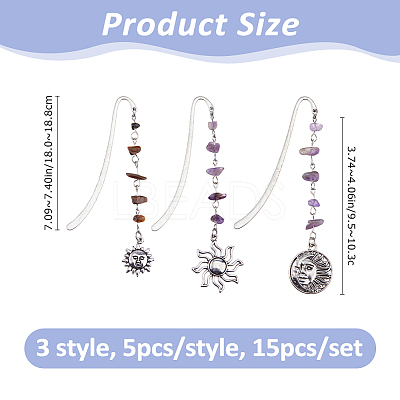 15Pcs 5 Color Sun Alloy Bookmark AJEW-FH00050-1