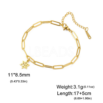 304 Stainless Steel Star of David Chai Charm Bracelets with Paperclip Chains for Women WGF5AD7-02-1
