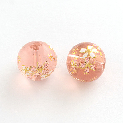 Flower Picture Frosted Glass Round Beads GFB-R004-14mm-T12-1