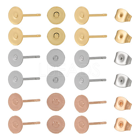 60Pcs 3 Color Flat Round 304 Stainless Steel Stud Earring Findings STAS-TA0002-47-1