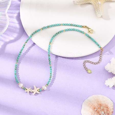 Dyed Synthetic Turquoise Starfish and Pearl Beaded Necklaces for Women NJEW-JN06658-1