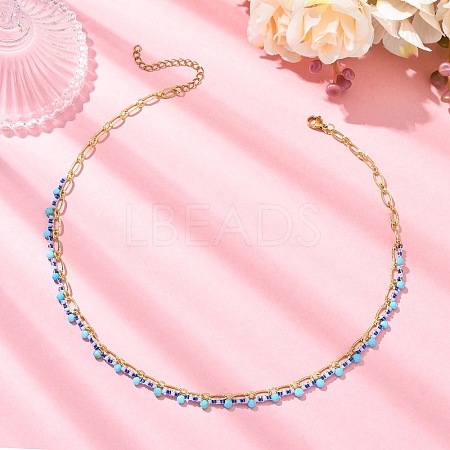 Dyed Faceted Round Natural Magnesite and Glass Seed Beaded Necklaces NJEW-MZ00155-1