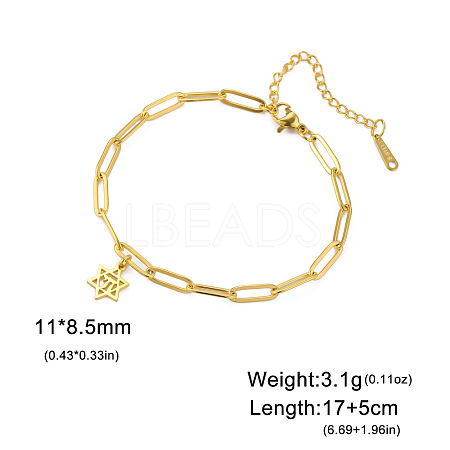 304 Stainless Steel Star of David Chai Charm Bracelets with Paperclip Chains for Women WGF5AD7-02-1