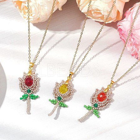 3Pcs 3 Styles Glass Seed Beaded Flower Pendant Necklaces NJEW-MZ00080-1