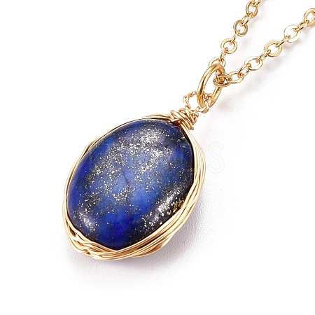 Natural Lapis Lazuli Wire Wrapped Pendant Necklaces X-NJEW-JN03080-03-1