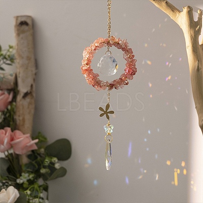 Watermelon Stone Glass Web with Feather Wall Hanging Decoration PW-WG28944-01-1