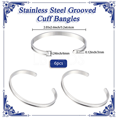 6Pcs C-Shaped 201 Stainless Steel Grooved Cuff Bangles STAS-BBC0008-40-1