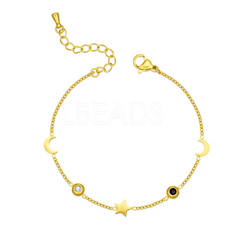 Elegant Golden Plated Stainless Steel Rhinestoen Moon and Star Link Bracelets WI2634-1