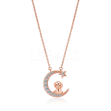Chinese Zodiac Necklace Dog Necklace 925 Sterling Silver Rose Gold Pups on the Moon Pendant Charm Necklace Zircon Moon and Star Necklace Cute Animal Jewelry Gifts for Women JN1090K-1