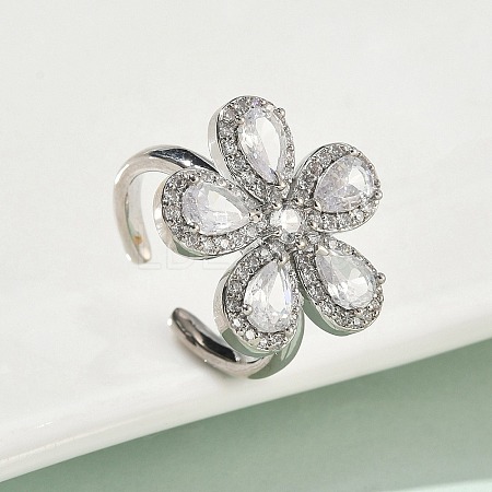Flower Brass Micro Pave Cubic Zirconia Cuff Rings for Women RJEW-A069-14P-03-1