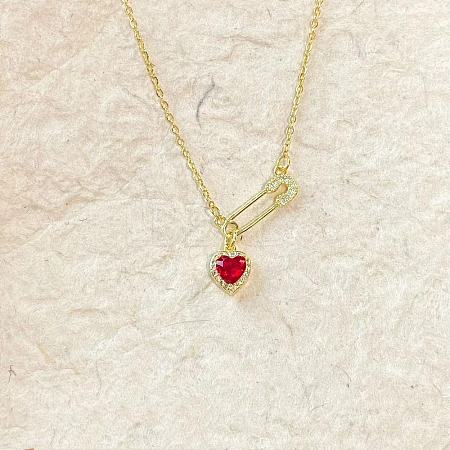 Heart Safety Pin Brass Pave Cubic Zirconia Pendant Necklaces for Women FS-WGA6C95-09-1