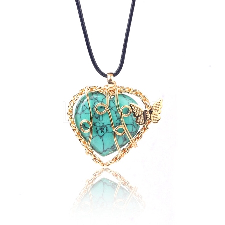 Synthetic Turquoise Dyed Metal Wire Wrapped Heart Pendants PW-WG13885-08-1