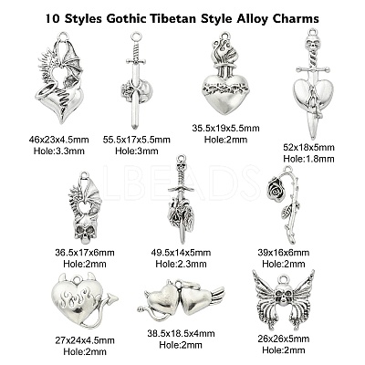 50Pcs 10 Styles Gothic Tibetan Style Alloy Pendants TIBEP-CJ0002-53-1