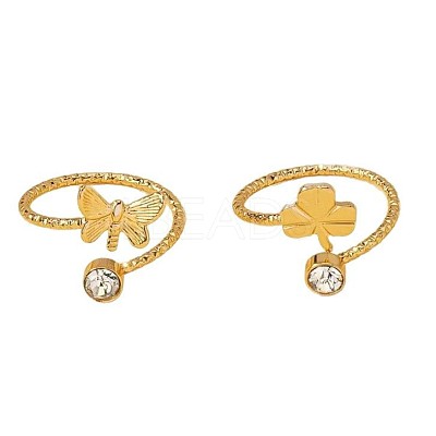 2Pcs 2 Styles Brass Crystal Rhinestone Butterfly Clover Cuff Toe Ring Sets FS-WG20A77-03-1