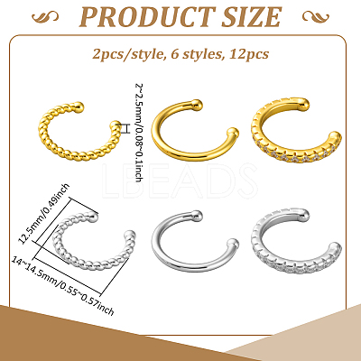 12Pcs 6 Styles Brass C-Shaped Cuff Earrings EJEW-GO0003-29-1