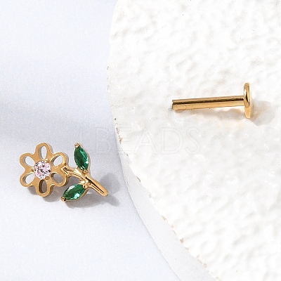 F136 Titanium Pave Pink and Green Cubic Zirconia Flower Internally Threaded Labrets ME-CBA9828-04G-1
