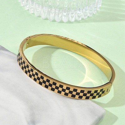 8MM 304 Stainless Steel Black Enamel Checkered Hinged Bangles for Women BJEW-C151-01G-1