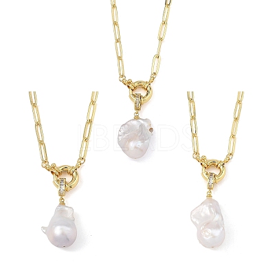 Natural Baroque Pearl Keshi Pearl Nuggets Pendant Brass Paperclip Chain Necklaces for Women NJEW-JN06145-1