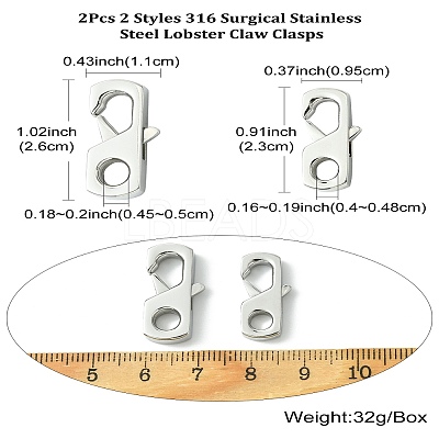 2Pcs 2 Styles 316 Surgical Stainless Steel Lobster Claw Clasps FIND-CJ0011-12-1
