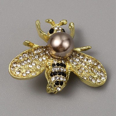White Imitation Pearl with Rhinestone Bee Brooch Pin AJEW-WH0329-82E-1