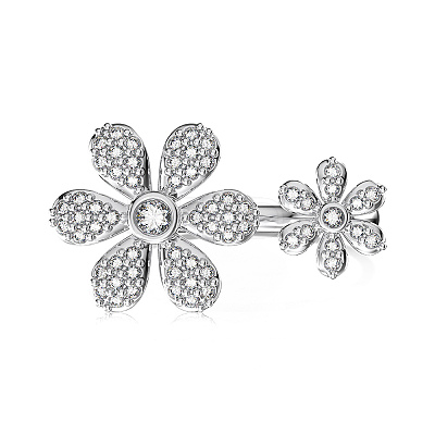 Flower Rhodium Plated 925 Sterling Silver Micro Pave Clear Cubic Zirconia Open Cuff Rings for Women RJEW-Q816-04P-1